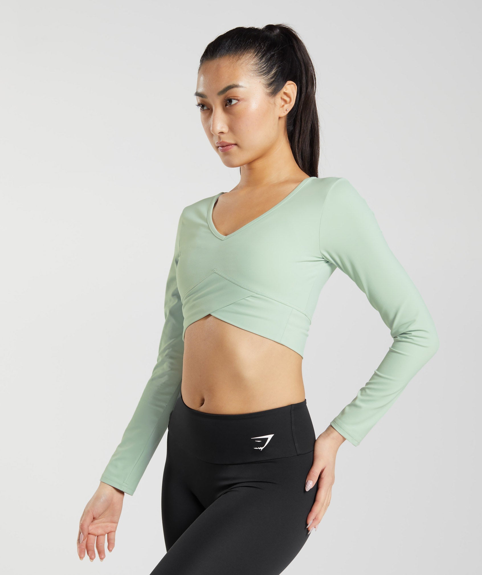 Crossover Long Sleeve Crop Top in Mist Green - view 3