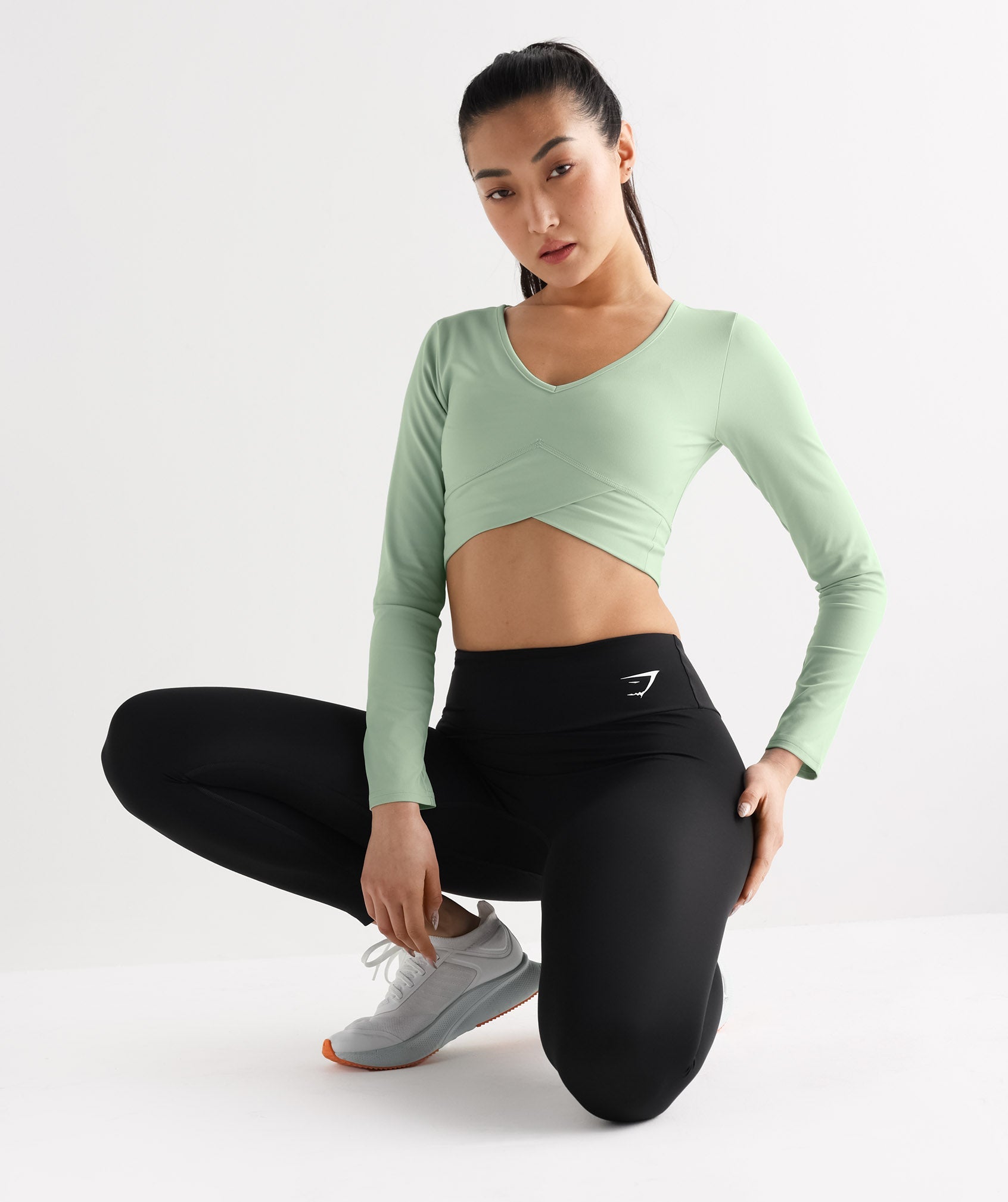 Crossover Long Sleeve Crop Top in Mist Green - view 4
