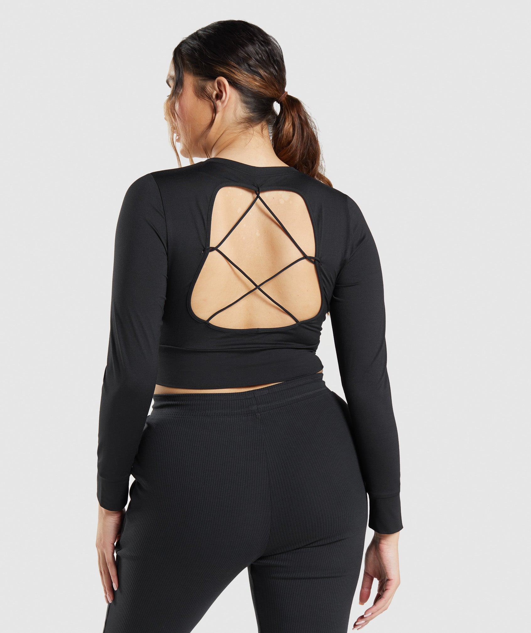 Pause Open Back Long Sleeve Crop Top in Black - view 3