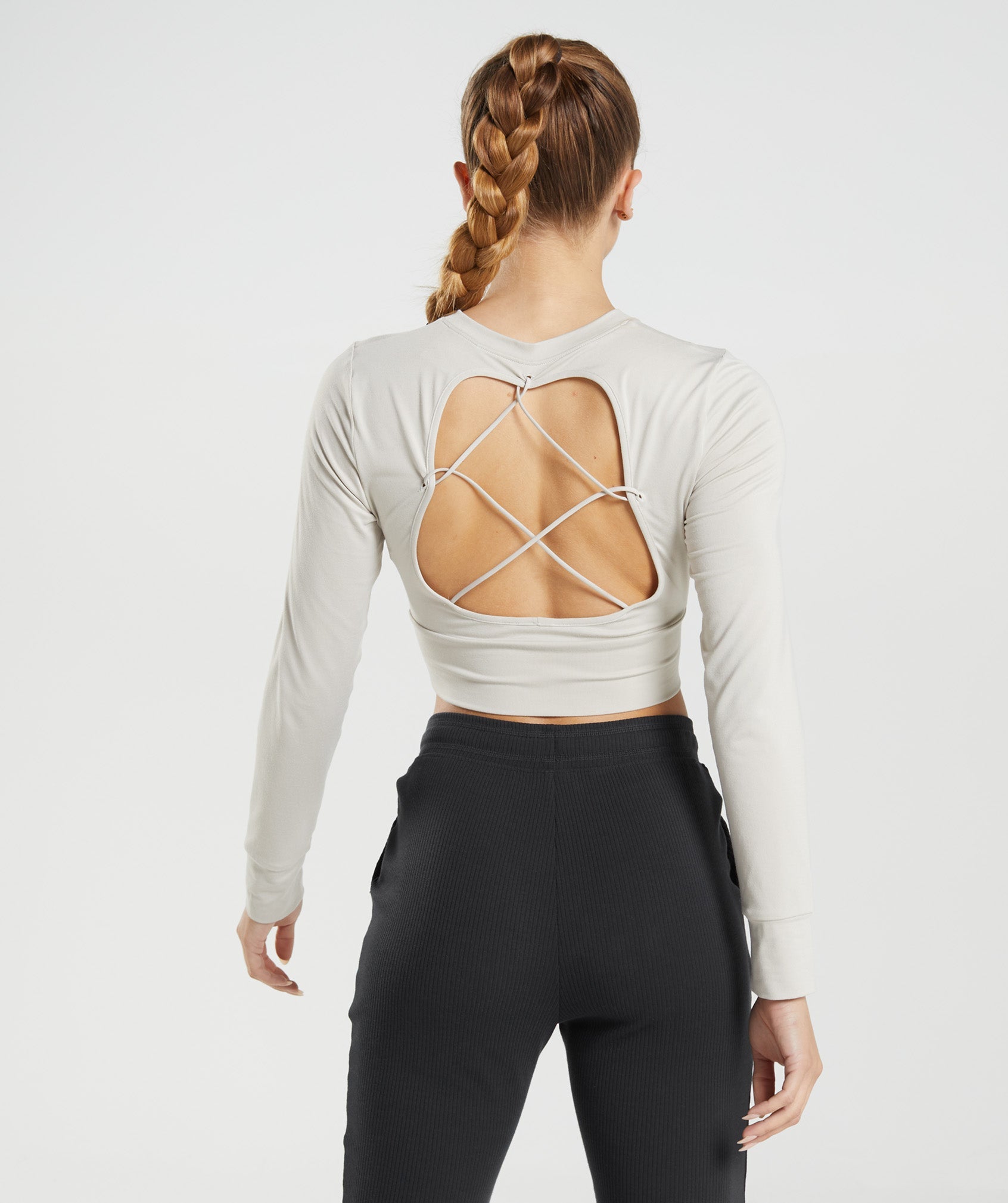 Pause Open Back Long Sleeve Crop Top in Pebble Grey - view 2