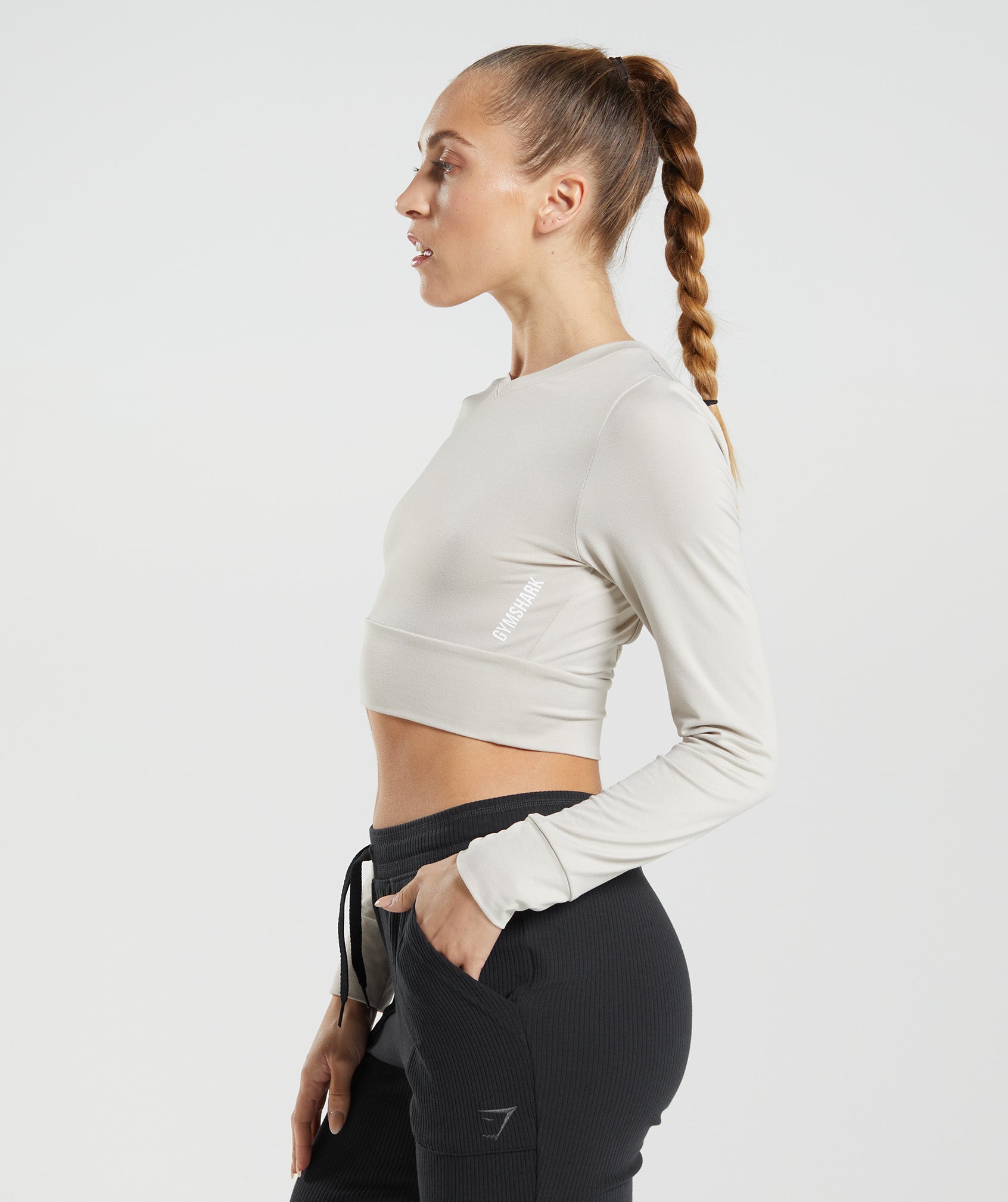 Pause Open Back Long Sleeve Crop Top in Pebble Grey - view 3