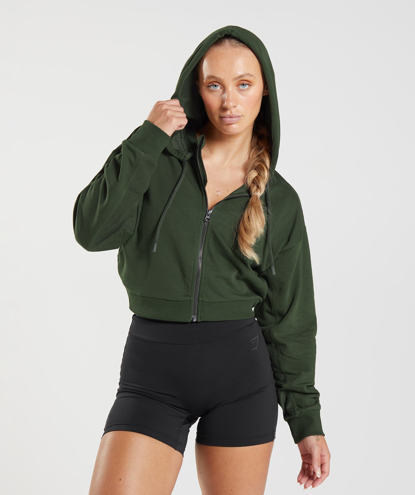 GS Power Crop Zip Hoodie in Moss Olive