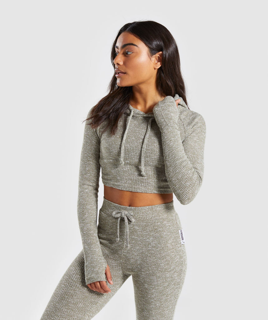 Gymshark Slounge Cropped Hoodie - Washed Khaki Marl 1