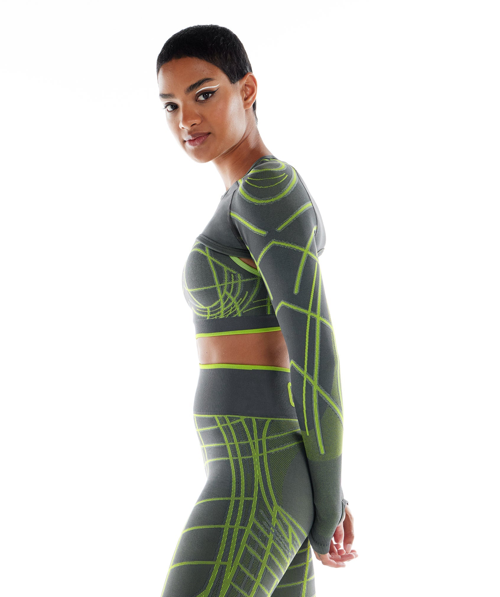 Wtflex Linear Seamless Long Sleeve Shrug in  Charcoal Grey/Fluo Green/Light Grey - view 3