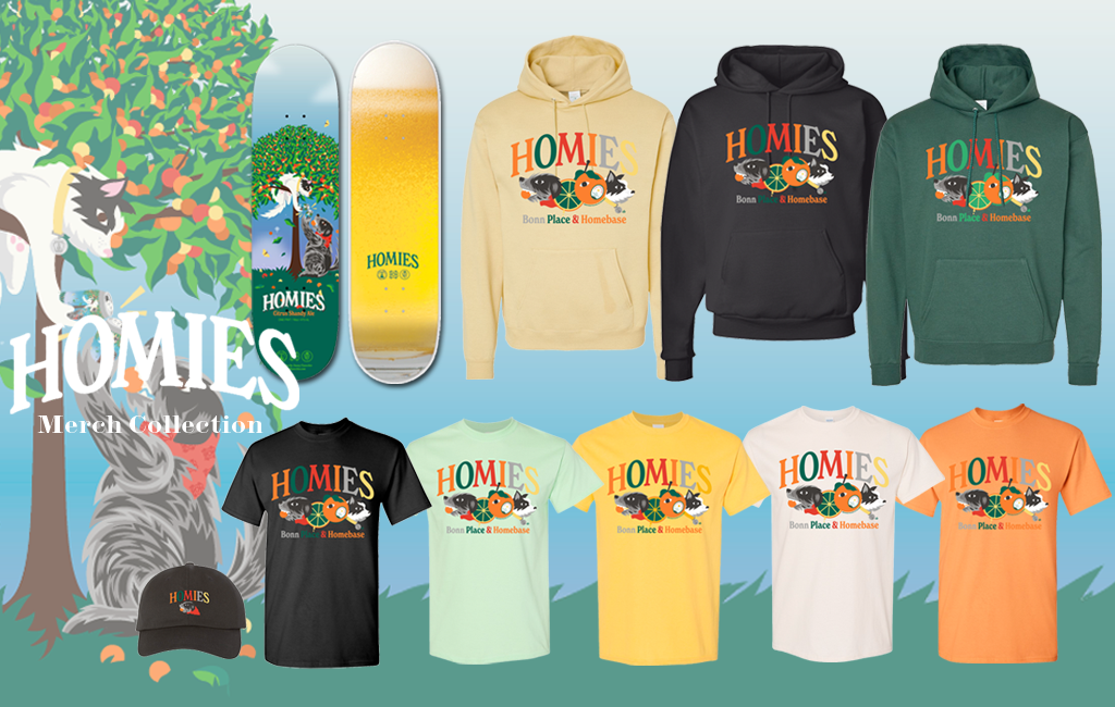 Homies Merchandise Collection featuring skateboard deck, t-shirts, hoodies, hat and glass