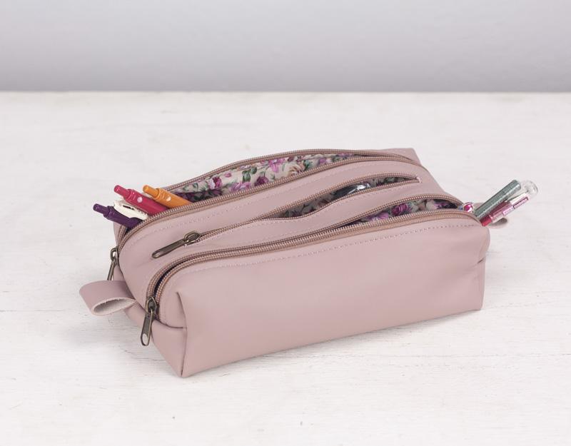 REC Double Case Beige Pink Leather Pencils Case, Rectangular