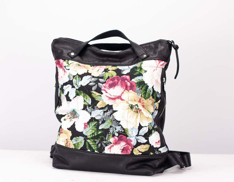 Minos backpack - Black leather &amp; Floral canvas - milloobags