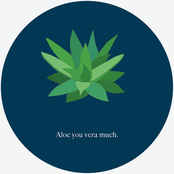 An illustration of an aloe vera plant with the text "aloe you vera much" underneath