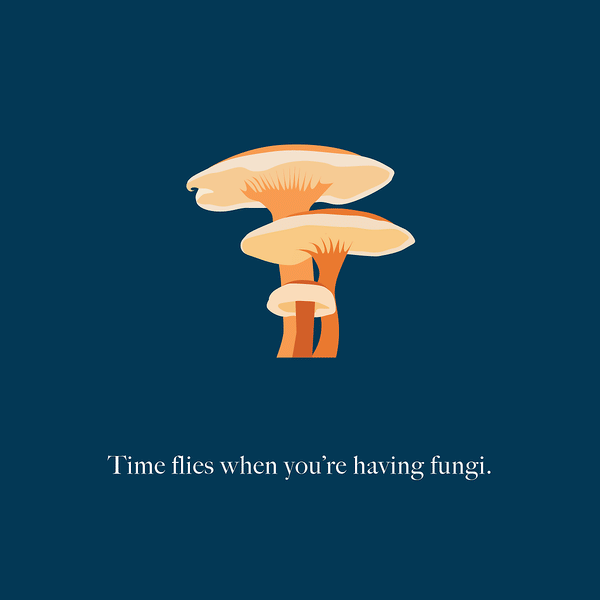 An illustration of three mushrooms with the text "time flies when you're having fungi" underneath