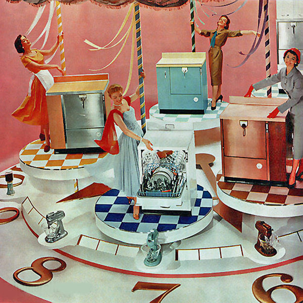 1960s suburban housewives modeling the latest dishwashers on a carousel