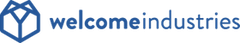 stylized logo of a house with the text welcome industries in blue