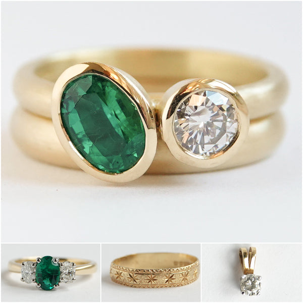 Remodelled emerald diamond ring, wedding band and pendant