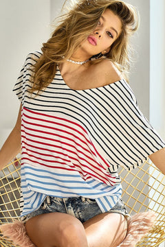 BiBi Striped Round Neck Short Sleeve T-Shirt