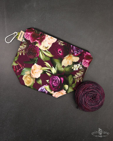 Dice a lot project bag in romance floral with zippered closure and carabiner for attaching to other bags. - Erin Lane Bags