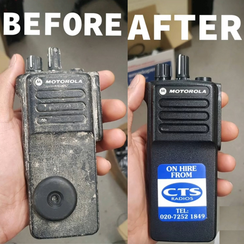 CTS Radios Two-Way Radio Professional Walkie Talkies Before and After Photo of the same two-way radio that was previously damaged and now has been fixed