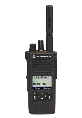 Alt Text: Motorola DP4601e Two-Way Radio with 5-Line Tri-Color LED Display, Programmable Buttons, and Lone Worker Safety Feature. IP68 Rating for Rugged Environments. Bluetooth, Wi-Fi, and GNSS Connectivity. 1000 Channels.