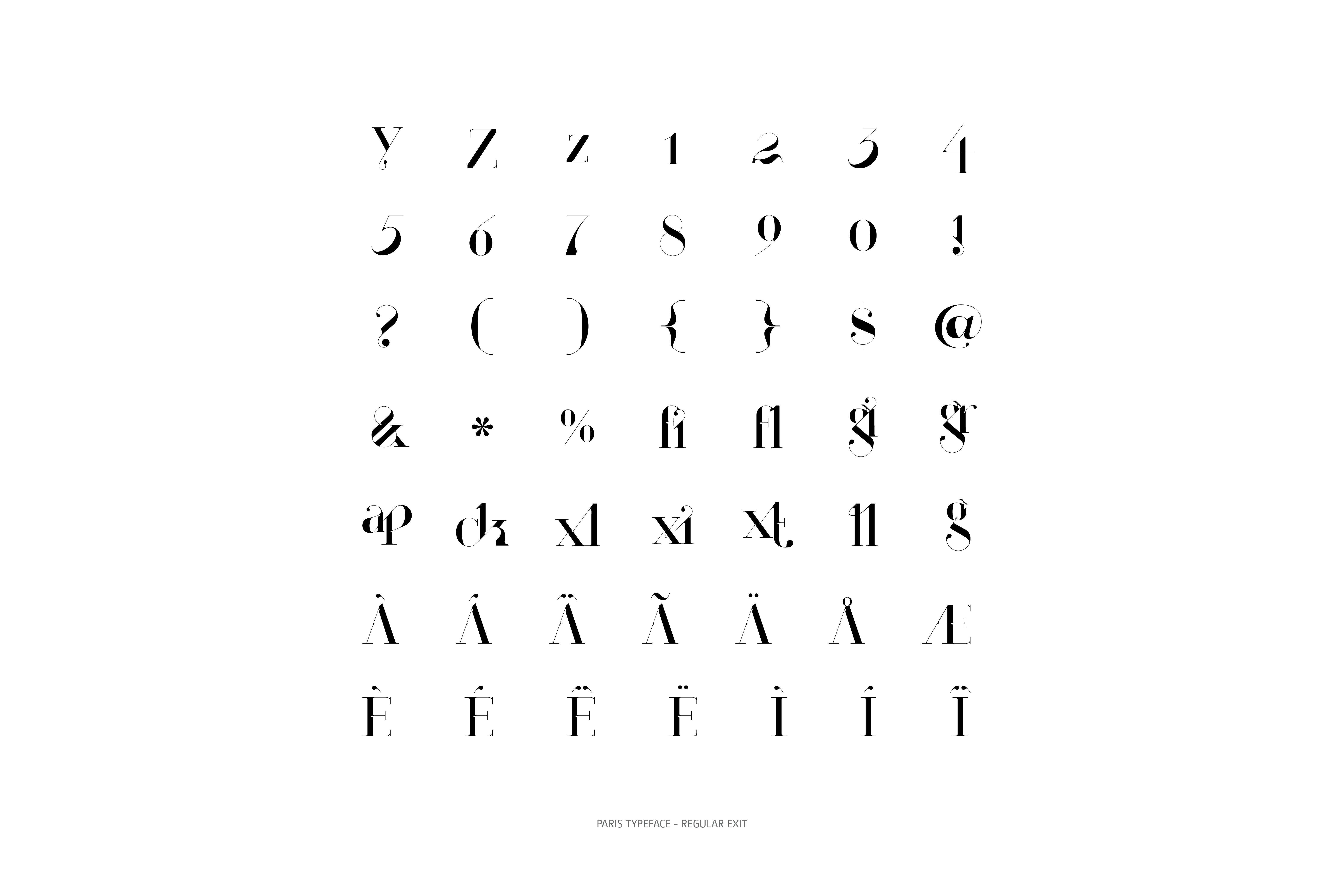 Paris Typeface Regular Exit glyphs collection