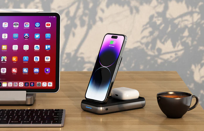 Satechi Wireless Charger on the table with other apple devices