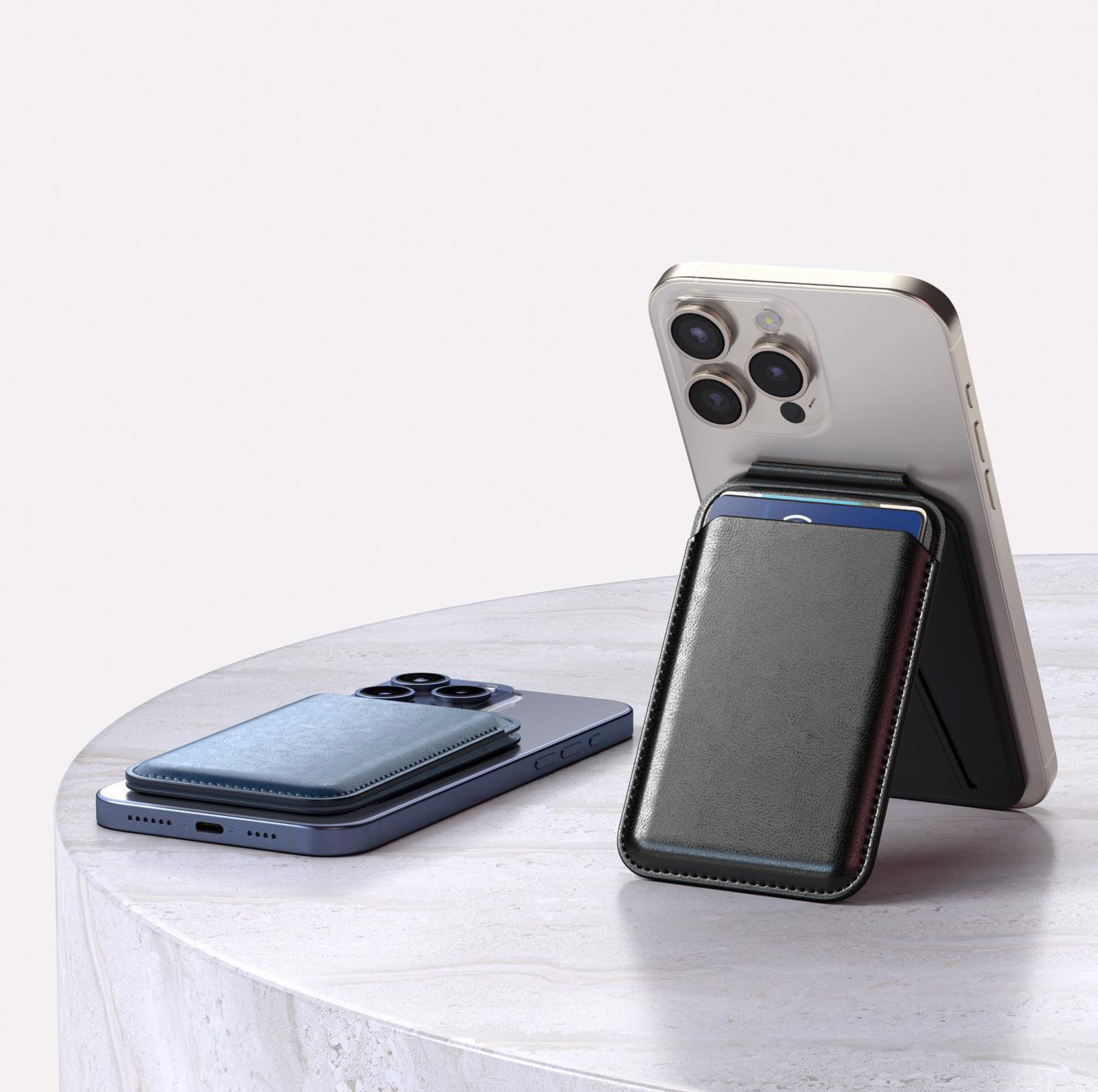 Satechi Magnetic wallet stand attached to the iPhone
