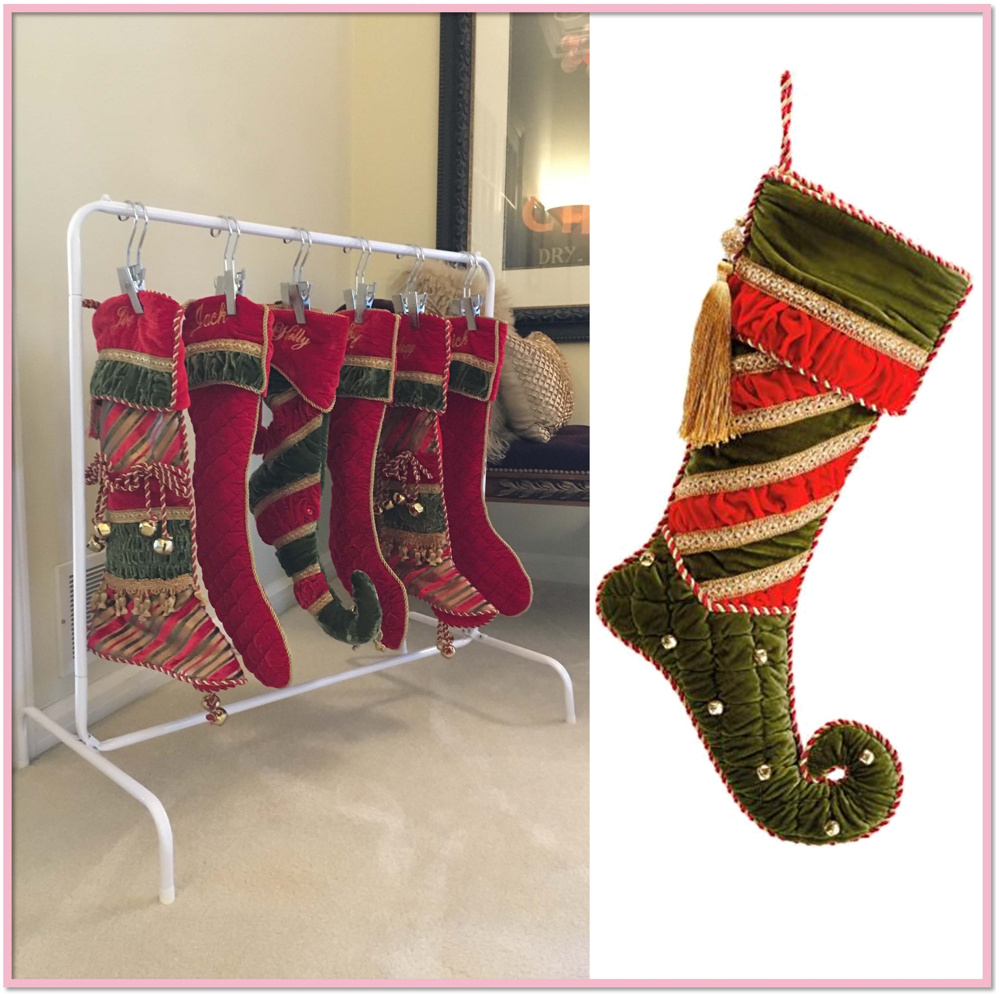 Free Standing Christmas Stocking Rack Includes 6 Boot Hangers