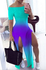 Load image into Gallery viewer, Off Shoulder Color Changing Split Dress
