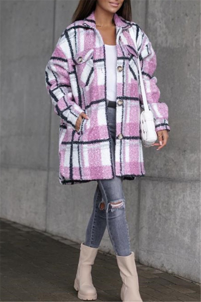 Women's Cotton Material Plaid Printed Pocketed Coat with Belt Cuivy  