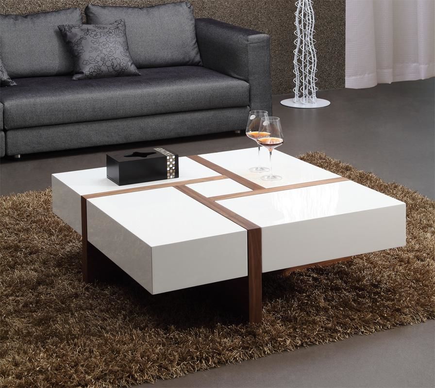 Modrest Makai Modern White &amp; Walnut Square Coffee Table