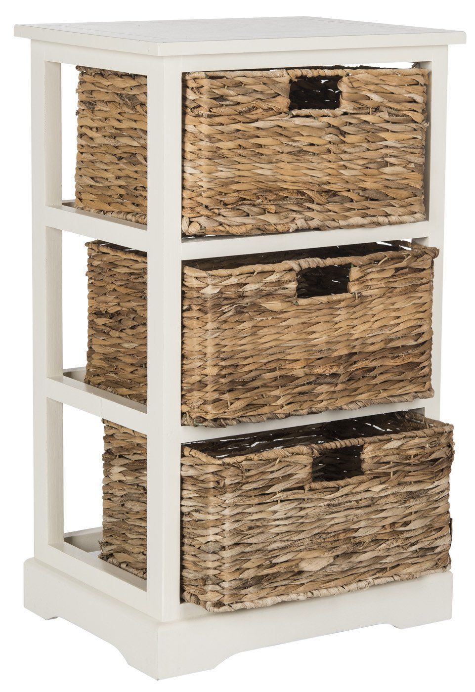 white storage with wicker baskets