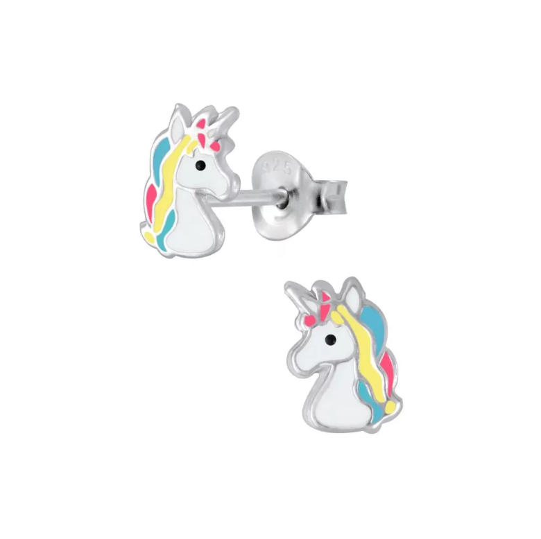 Children's Earrings: Sterling Silver Pink, Yellow and Blue Unicorn Hea ...