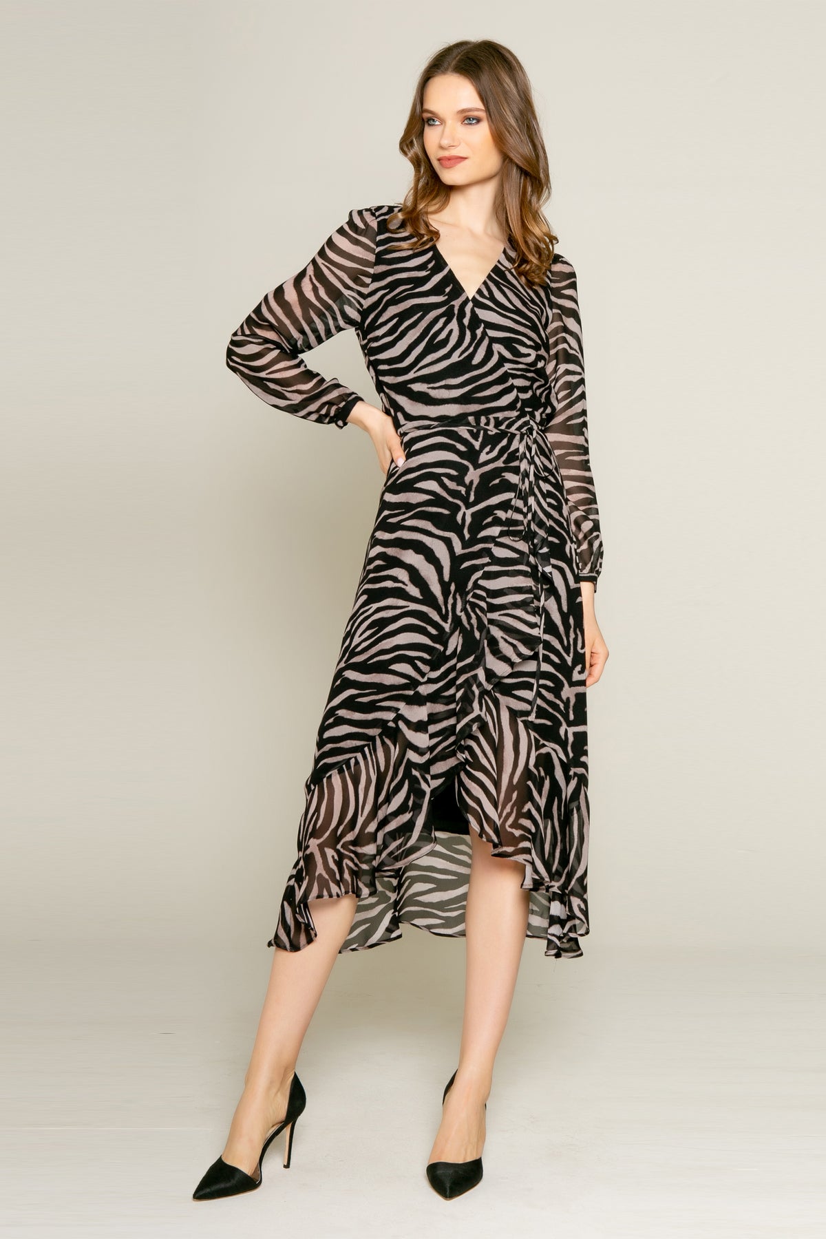 Black Zebra Long Sleeve Midi Wrap Dress | Lavender Brown