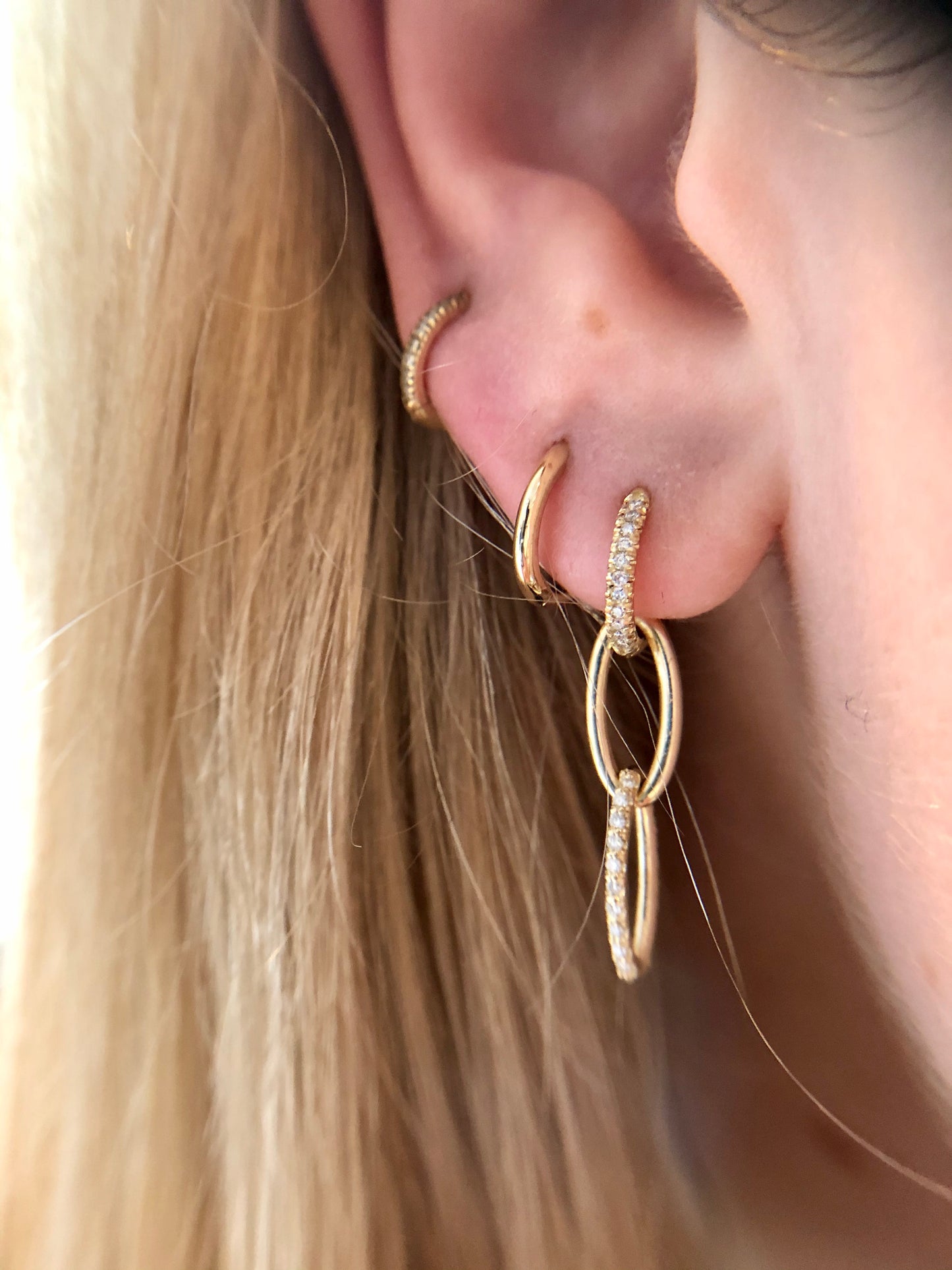 Oval Chain Link Hoops with Diamonds, 14K