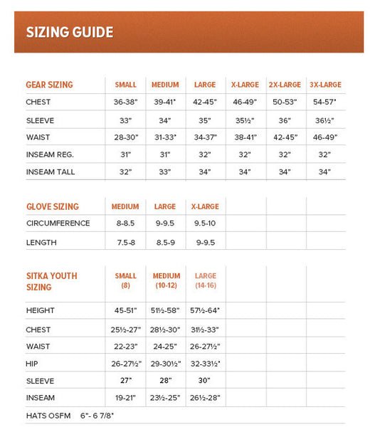 Sitka Size Chart - Canadian Waterfowl Supplies