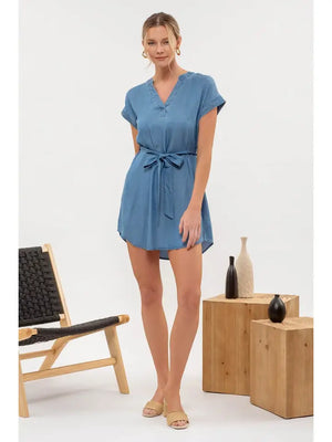 Belted Chambray Dress - aheadofthecurve-gifts