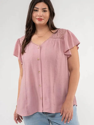 Yoke Ruffle Sleeve Top-Plus - aheadofthecurve-gifts