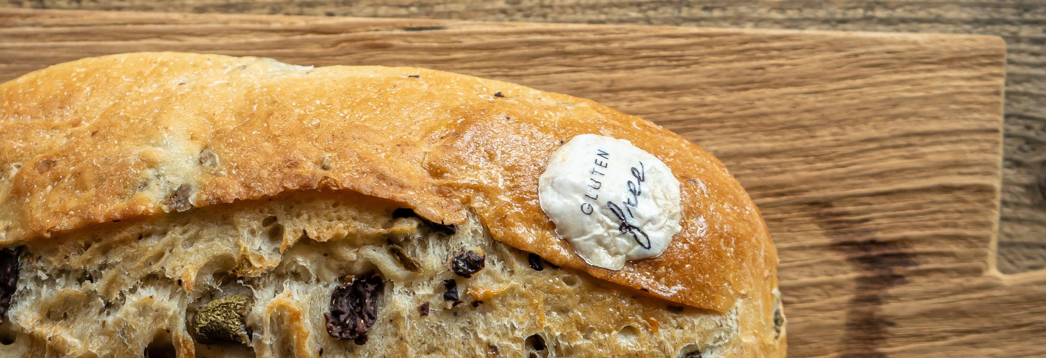 Loaf of bread with gluten free rice paper edible label