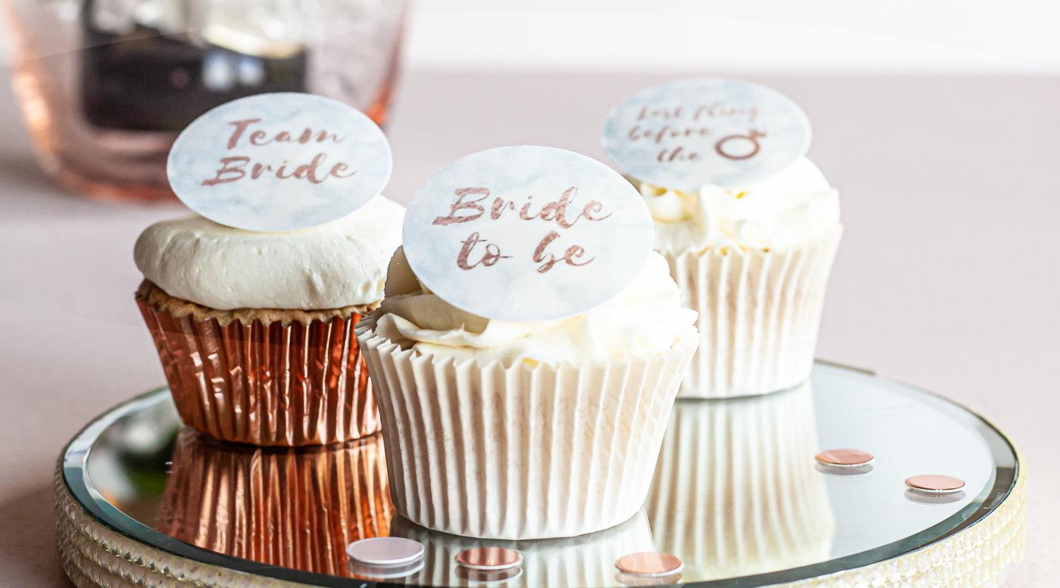 Predesigned edible cupcake toppers with Bride to Be and Team Bride messages