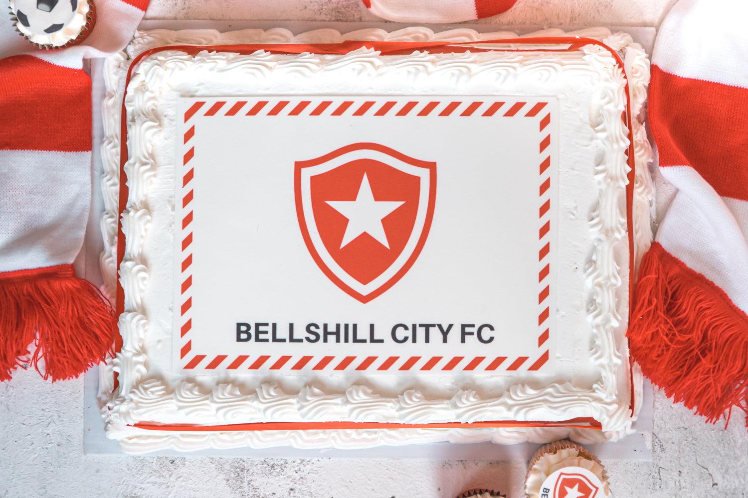 A4 edible cake topper personalised with a football badge