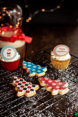 Roll-out cookies decorated with Christmas patterened A4 icing sheet