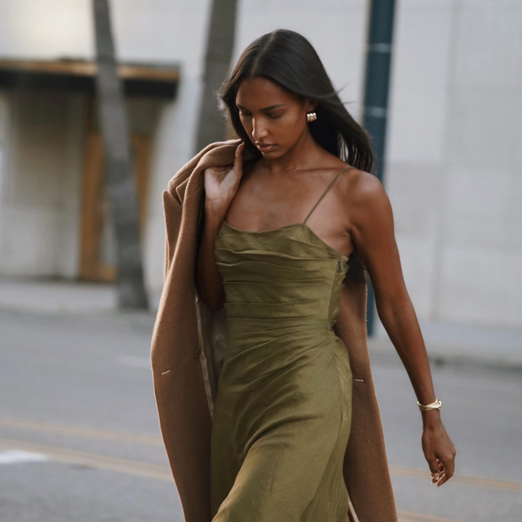 Serene Beauty Olive Green Satin Ruched Backless Maxi Slip Dress