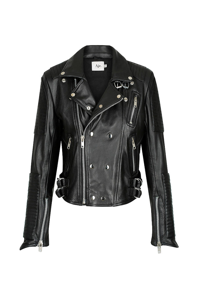 Aje Bowie Jacket with Embossed Logo in Black Leather