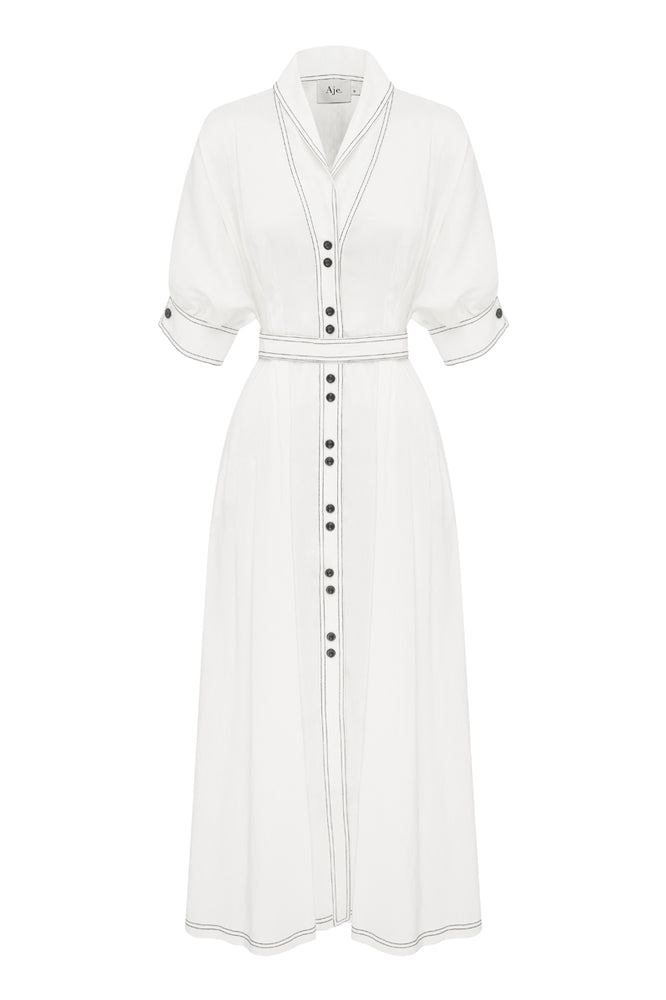 Aje Hudson Midi Dress in White Silk Linen with Contrast Stitching
