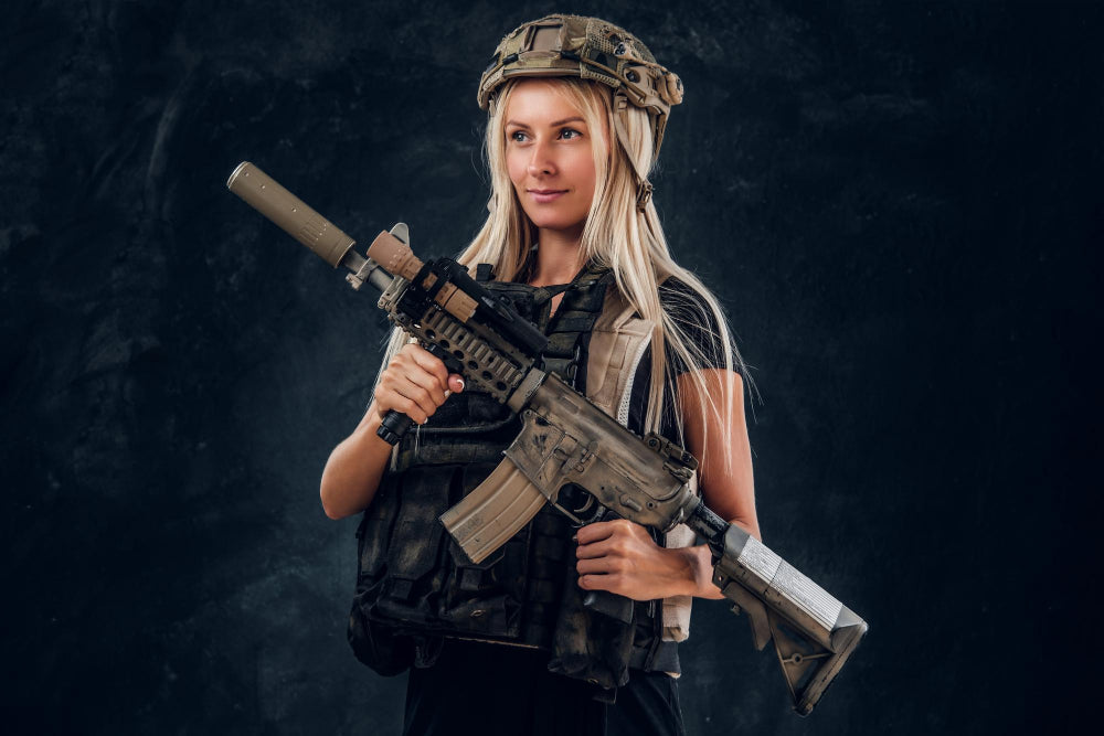 image of a girl holding a gel blaster rifle