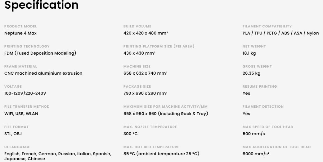 Neptune 4 Max Spec Sheet