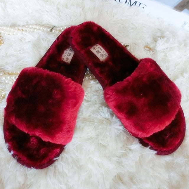 Women Plush Slippers Winter Fluffy Slides Faux Fur House Slipper Not Slip Flat Sandals Female Casual Shoes Zapatos Mujer