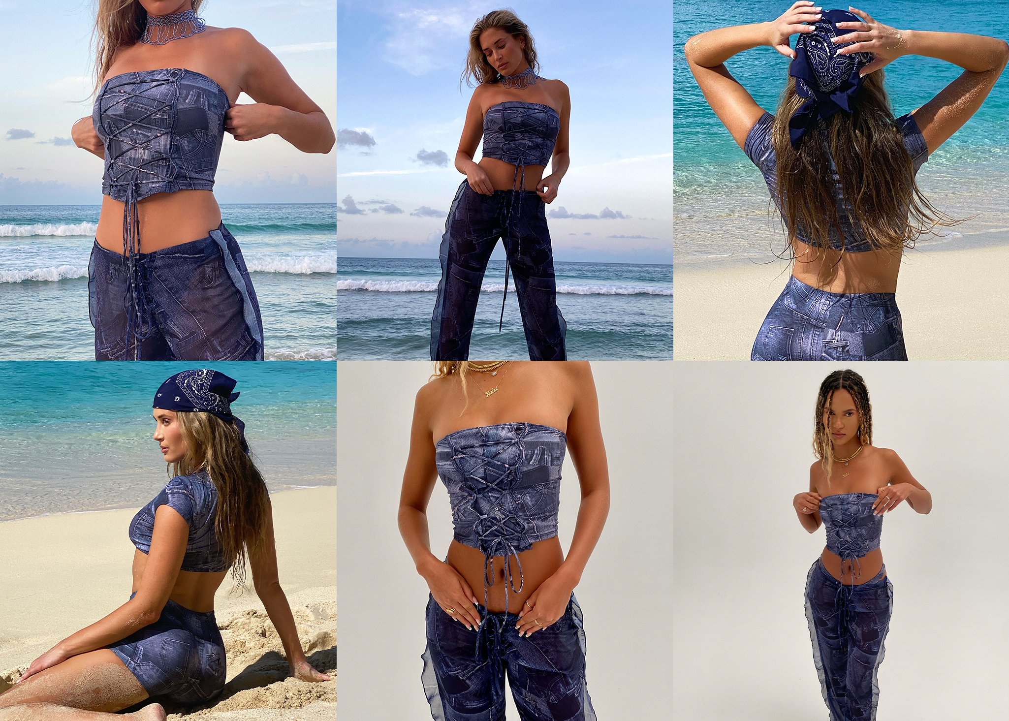 Blue Jean denim bikinis and clothing by Frankies Bikinis