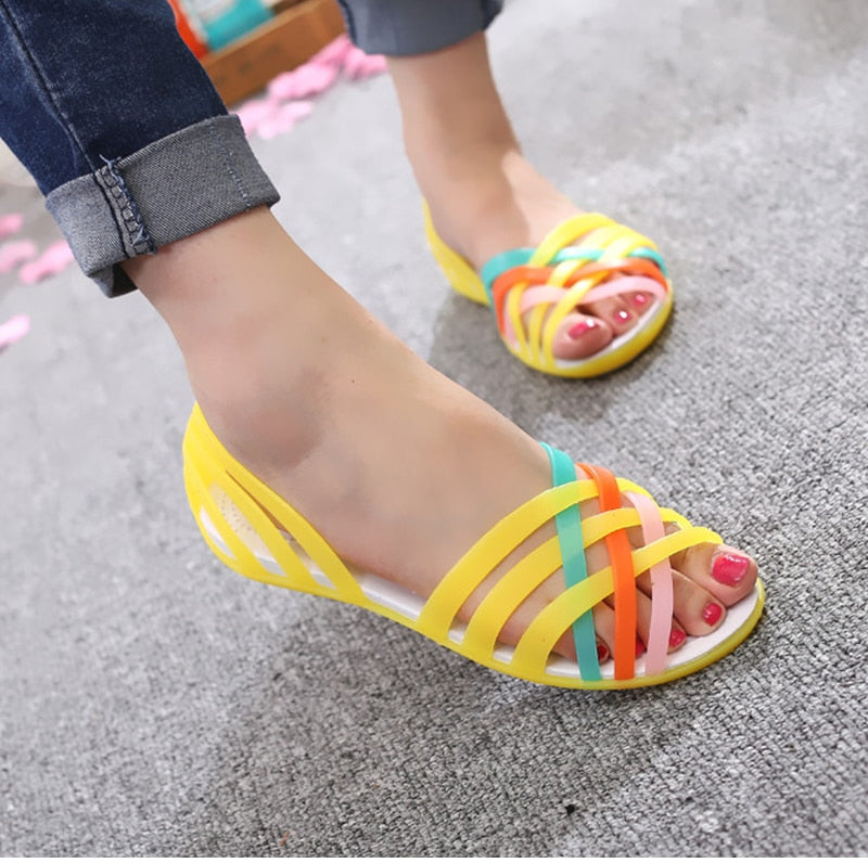 Candy Color Peep Toe Rainbow Jelly Flat Slip On – XooKool