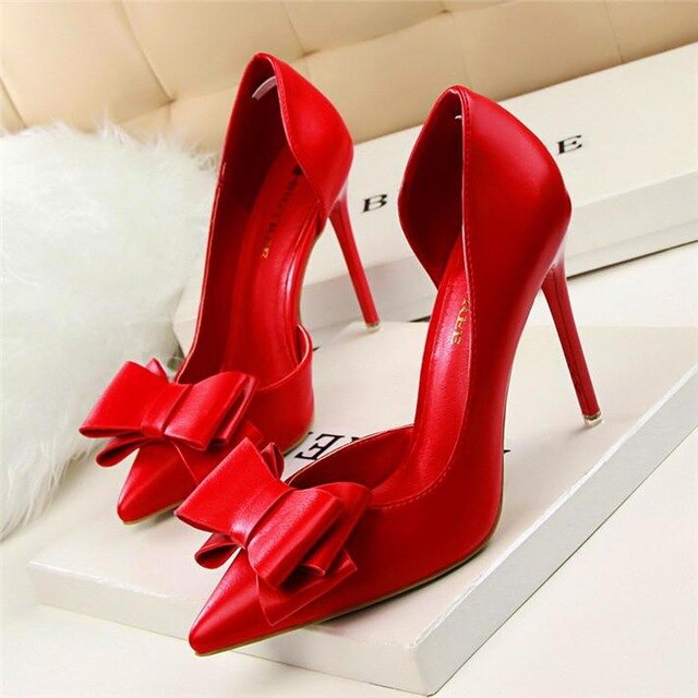 Sweet Bowtie Pointed Toe Patent Leather Side Cut-outs Shallow High Pum ...