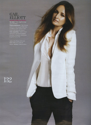 Gail Elliot wearing a Little Joe Woman white silk shirt & blazer