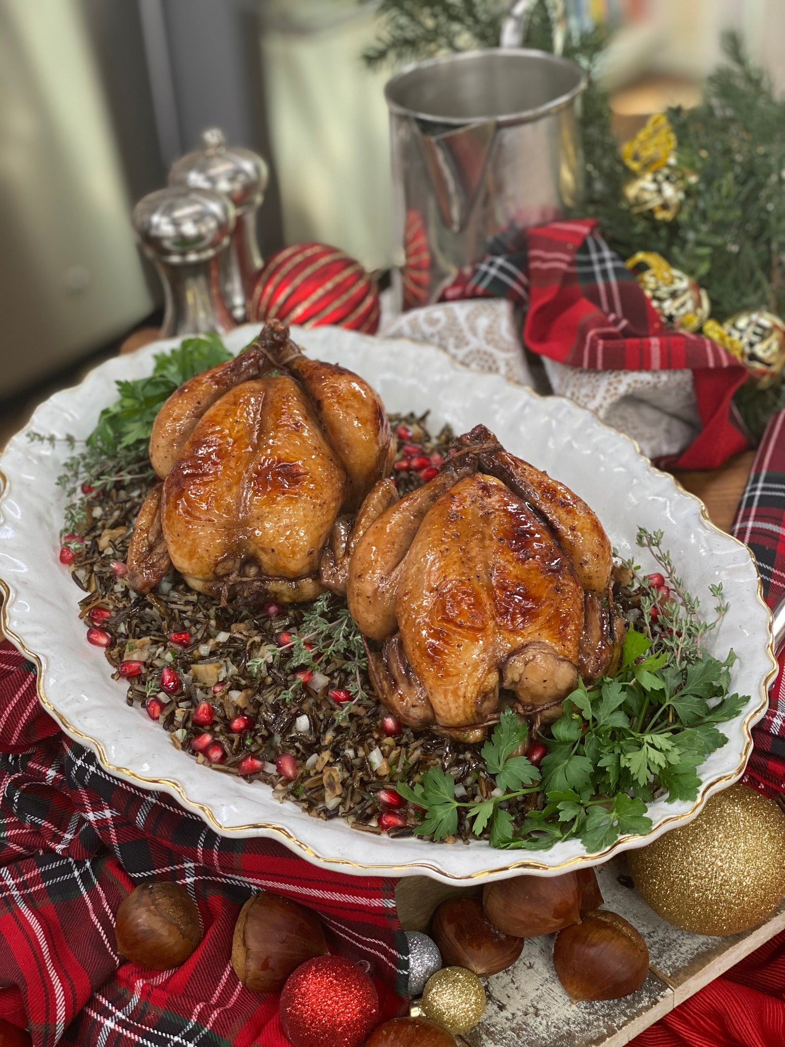 Pomegranate-Glazed Cornish Game Hens with Wild Rice and Chestnut Stuff ...