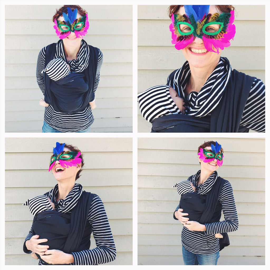 Masked Mardi Gras Babywearing Reveler